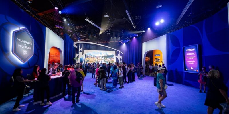 The central hub and Promenade of Progress reception inside the Imagineering Horizons pavilion