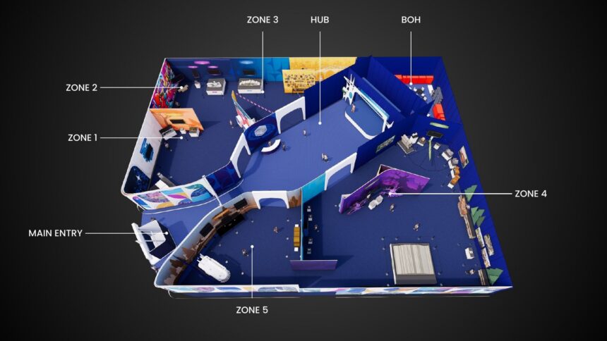 Labelled zone plan of the Walt Disney Imagineering pavilion, booth 4436 at D23 2026, showing the main entry, hub, five themed zones and back-of-house