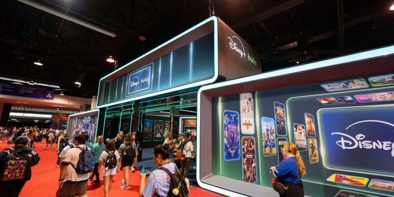 Illuminated poster galleries wrapping the exterior of the Disney+ and Hulu pavilion at D23 2026
