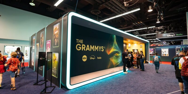 Backlit Grammys feature wall set into the illuminated frame of the Disney+ and Hulu pavilion