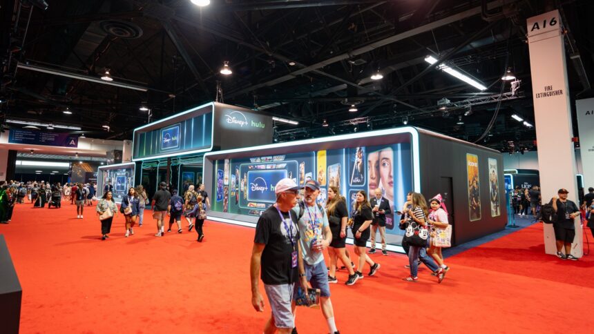 Wide view of the Disney+ and Hulu pavilion on the D23 2026 show floor in Anaheim
