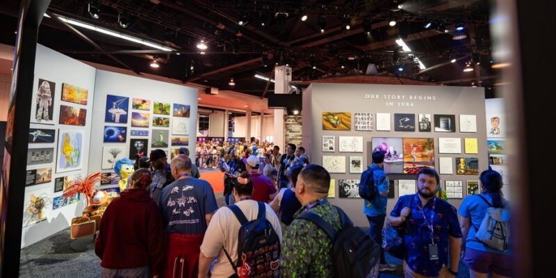 Walk-through gallery of framed Pixar concept and production art at D23 2026