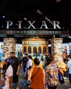 The Pixar Animation Studios sign above the themed entrance facade at D23 2026, Anaheim Convention Center